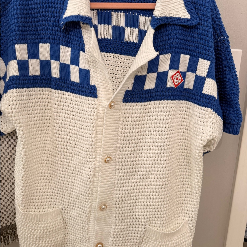 Blue & White Knit Short-Sleeve Button Cardigan